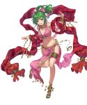  anklet bangs bare_shoulders bow breasts cleavage dancer fire_emblem fire_emblem:_seisen_no_keifu fire_emblem_heroes full_body green_eyes hair_bow highres jewelry leen_(fire_emblem) leg_up long_hair looking_at_viewer medium_breasts midriff official_art pelvic_curtain ponytail sandals shiny shiny_skin sidelocks sleeveless smile solo standing thigh_strap transparent_background yoshiku_(oden-usagi) 