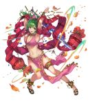  anklet armpits arms_up bangs bare_shoulders bow breasts cleavage dancer fire_emblem fire_emblem:_seisen_no_keifu fire_emblem_heroes full_body green_eyes hair_bow highres holding holding_sword holding_weapon jewelry leen_(fire_emblem) long_hair medium_breasts midriff official_art open_mouth pelvic_curtain petals ponytail sandals smile solo sword thigh_strap transparent_background weapon yoshiku_(oden-usagi) 