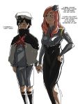  1boy 1girl black_hair black_skirt blue_eyes blush breasts brown_hair capelet couple darling_in_the_franxx female green_eyes hand_on_own_leg hat hetero hiro_(darling_in_the_franxx) large_breasts long_hair long_skirt male military military_uniform nana_(darling_in_the_franxx) necktie peaked_cap pride-kun red_neckwear short_hair skirt socs uniform 