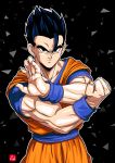  black_eyes black_hair chris_re5 clenched_hand dougi dragon_ball dragon_ball_z fighting_stance highres male_focus muscle outline serious signature solo son_gohan spiked_hair triangle upper_body wristband 