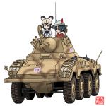 african_wild_dog_(kemono_friends) african_wild_dog_print armored_vehicle commentary_request ground_vehicle hat_feather helmet japari_symbol kaban_(kemono_friends) kemono_friends long_sleeves m.wolverine military military_vehicle millipen_(medium) motor_vehicle multiple_girls pith_helmet red_shirt sdkfz_234 shirt short_over_long_sleeves short_sleeves traditional_media turret 