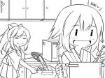  commentary cooking cupboard greyscale guin_guin gun hiei_(kantai_collection) hot_sauce houshou_(kantai_collection) kantai_collection lever_action lineart microwave monochrome multiple_girls nontraditional_miko ponytail pot shotgun shotgun_shells smile twitter_username weapon 