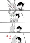  &gt;_&lt; 1boy 1girl aruvanisu blush comic commentary_request couple darling_in_the_franxx eyebrows_visible_through_hair eyes_closed fang fringe green_eyes greyscale heart hetero hiro_(darling_in_the_franxx) horns hug hug_from_behind long_hair monochrome oni_horns red_eyes short_hair translation_request zero_two_(darling_in_the_franxx) 