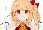  ascot blonde_hair blush bow closed_mouth commentary dated eighth_note flandre_scarlet frilled_shirt_collar frills gotoh510 hair_bow highres humming looking_at_viewer musical_note no_hat no_headwear puffy_short_sleeves puffy_sleeves red_bow red_eyes short_hair short_sleeves side_ponytail simple_background smile solo touhou upper_body white_background wings yellow_neckwear 