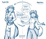  2018 anthro body_swap bowman&#039;s_wolf breasts canine chest_tuft cleavage clothed clothing dialogue duo ears_back embarrassed english_text female flat_chested florence_ambrose freefall hi_res keidran mammal monochrome natani open_jacket open_mouth partially_clothed simple_background sketch smile spread_arms tail_between_legs text tom_fischbach topless tuft twokinds webcomic white_background wolf 