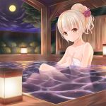  bangs bath bathing blonde_hair blunt_bangs breasts cloud collarbone eyebrows_visible_through_hair fence full_moon hair_ornament hair_scrunchie hair_up head_tilt holding holding_towel lamp looking_at_viewer moon naked_towel night night_sky onsen outdoors partially_submerged rouche_(shironeko_project) scrunchie shironeko_project sitting sky small_breasts smile solo stone_wall towel tree wall wooden_fence yellow_eyes yj_(yujay2837) 