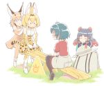  animal_ears backpack backpack_removed bag black_gloves black_hair black_legwear blush bow bowtie caracal_(kemono_friends) commentary fur_collar gloves hat hat_feather hat_removed headwear_removed helmet high-waist_skirt hippopotamus_(kemono_friends) kaban_(kemono_friends) kemono_friends kemono_friends_pavilion multiple_girls open_mouth pantyhose pith_helmet playground_equipment_(kemono_friends_pavilion) print_gloves red_shirt seesaw serval_(kemono_friends) serval_ears serval_print serval_tail shirt short_hair shorts sitting skirt sleeveless sleeveless_shirt striped_tail tail truth weight_conscious you're_doing_it_wrong zawashu 