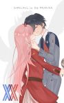  1boy 1girl black_hair commentary_request couple crying darling_in_the_franxx eyebrows_visible_through_hair eyes_closed fringe hair_ornament hairband hand_on_another&#039;s_face hetero hiro_(darling_in_the_franxx) holding_mirror long_hair military military_uniform mirror necktie orange_neckwear pink_hair red_neckwear short_hair tears uniform user_ufjd8885 white_hairband zero_two_(darling_in_the_franxx) 