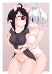  ahoge ass_visible_through_thighs banned_artist black_hair black_shirt blue_eyes blush breasts character_request covered_nipples cyclops eye_contact fang frown grey_hair hair_over_eyes heart highres hyaku_(meiryo_(horizon) large_breasts looking_at_another meiryo_(horizon) monster_girl multiple_girls no_bra no_panties one-eyed oni_horns open_mouth original panties pointy_ears red_eyes rei_(meiryo_(horizon)) shirt simple_background standing strap_slip sweatdrop twitter_username underwear white_hair white_panties yuri 
