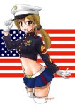  :d american_flag black_scrunchie blonde_hair blue_skirt blush brown_eyes cowboy_shot cropped_jacket cropped_legs ebifly flag_background garter_straps gloves hair_between_eyes hair_ornament hair_scrunchie hand_on_headwear hand_up hat long_sleeves looking_at_viewer low_twintails medal midriff military military_uniform navel open_mouth original peaked_cap scrunchie skirt smile solo thighhighs twintails uniform white_gloves white_hat white_legwear 