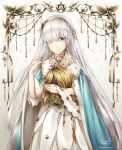  anastasia_(fate/grand_order) artist_name bambi_nano bangs blue_cape blue_eyes cape dress eyes_visible_through_hair fate/grand_order fate_(series) floating_hair fur_trim gold_trim hair_over_one_eye hairband hand_in_hair highres holding_head long_dress long_hair silver_hair simple_background solo standing very_long_hair white_background white_dress yellow_hairband 