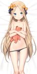  abigail_williams_(fate/grand_order) bed_sheet bell_(oppore_coppore) black_bow black_panties blonde_hair blue_eyes blush bow breasts closed_mouth dakimakura fate/grand_order fate_(series) forehead groin hair_bow highres long_hair looking_at_viewer lying navel nipples object_hug on_back orange_bow panties panty_pull polka_dot polka_dot_bow small_breasts smile solo stuffed_animal stuffed_toy teddy_bear topless underwear underwear_only very_long_hair 