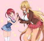  2girls blonde_hair female fingerless_gloves hair_ornament hand_holding happy interlocked_fingers kadenden large_breasts long_hair looking_at_viewer medium_breasts open_mouth pigtails pink_background pink_hair purple_eyes shikishima_mirei simple_background skirt smile standing tokonome_mamori valkyrie_drive valkyrie_drive_-mermaid- very_long_hair yellow_eyes 