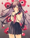  anemone_(flower) black_sailor_collar black_skirt blush brown_hair commentary_request cowboy_shot crying crying_with_eyes_open fingernails floating_hair flower hand_to_own_mouth long_hair long_sleeves neckerchief original oshio_(dayo) parted_lips pleated_skirt purple_eyes red_flower red_neckwear sailor_collar school_uniform serafuku shirt signature skirt solo tears very_long_hair white_shirt 