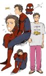  1boy avengers brown_hair crying full_body male male_focus marvel pajamas peter_parker pout sandals solo tears 