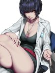  absurdres black_hair breasts brown_eyes choker collarbone highres jewelry kumiko_shiba labcoat looking_at_viewer nail_polish necklace persona persona_5 short_hair sitting smile solo takemi_tae thighs 