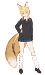  animal_ears arm_warmers black_sweater blonde_hair blue_neckwear blue_skirt collared_shirt commentary_request contrapposto fox_ears fox_tail full_body green_eyes hair_between_eyes hand_on_hip head_tilt long_sleeves looking_at_viewer necktie original pleated_skirt school_uniform shirt simple_background skirt smile solo standing sweater tail tamakagura_inari white_background white_legwear white_shirt wing_collar yagi_(ningen) 