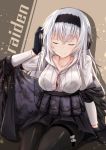  ammunition_pouch arm_support bangs belt_pouch black_gloves black_hairband black_jacket black_legwear black_skirt blush closed_eyes collarbone collared_shirt commentary_request eyebrows_visible_through_hair girls_frontline gloves hairband hakuya_(white_night) hand_on_headphones headphones jacket long_hair long_sleeves neck_ribbon neck_stitches off_shoulder pantyhose pleated_skirt pouch red_ribbon ribbon shirt sidelocks sitting skirt smile thighband_pantyhose thunder_(girls_frontline) very_long_hair 