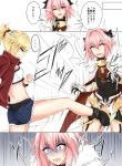  1girl 3koma ;d anger_vein ass astolfo_(fate) bandeau bare_legs black_bow black_footwear blonde_hair blue_eyes boots bow braid breasts cape clenched_hand comic commentary_request constricted_pupils cowboy_shot crotch_kick denim denim_shorts emphasis_lines eyebrows_visible_through_hair fang fate/grand_order fate_(series) finger_to_face french_braid from_side fur_trim gradient gradient_background grey_background hair_between_eyes hair_bow hair_ornament hair_scrunchie head_tilt highres index_finger_raised jacket midriff mordred_(fate) mordred_(fate)_(all) multicolored_hair one_eye_closed open_mouth otoko_no_ko pink_hair piro_(iiiiiiiiii) ponytail profile red_jacket red_scrunchie scrunchie shinkon_santaku short_hair short_shorts shorts simple_background small_breasts smile standing standing_on_one_leg streaked_hair tears translated upper_body white_background white_cape white_hair 