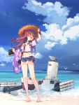  azur_lane beach bird cloud commentary_request craven_(azur_lane) day eho_(icbm) full_body hat highres long_hair looking_away midriff ocean purple_hair rigging seagull shoes sky solo straw_hat torpedo_tubes yellow_eyes 