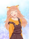  animal_ears blush closed_eyes commentary_request evilrugasan fang farfalia highres lion_ears lion_girl long_hair open_mouth overalls pink_hair pop-up_story smile solo suspenders sweater twitter_username 
