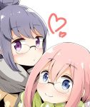  aikawa_ryou bespectacled blue_eyes blue_hair blush commentary_request eyebrows_visible_through_hair glasses hair_bun kagamihara_nadeshiko long_hair multiple_girls pink_hair purple_eyes scarf shima_rin simple_background white_background yurucamp 