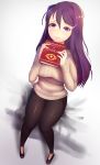  beige_sweater black_pants blush book casual commentary commission doki_doki_literature_club english_commentary from_above full_body hair_between_eyes hair_ornament hairclip highres holding holding_book knees_together_feet_apart long_hair long_sleeves looking_at_viewer pants purple_eyes purple_hair ribbed_sweater sitting solo sweater thigh_gap tsukimaru yuri_(doki_doki_literature_club) 