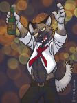  2018 aggressive_retsuko alcohol anthro belt beverage clothed clothing digital_media_(artwork) drunk fur haida hi_res hyena k-9 male mammal necktie open_shirt pants sanrio simple_background solo 