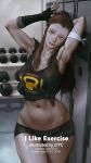  21yc_(september_breeze) adjusting_hair armpits arms_behind_head brigitte_(overwatch) brown_eyes brown_hair clothes_writing dumbbell fingerless_gloves gloves highres locker looking_at_viewer navel overwatch shirt short_shorts shorts sleeveless solo stomach tied_shirt toned torn_clothes torn_sleeves 