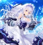  apron apron_lift azur_lane bangs belfast_(azur_lane) blue_eyes blue_sky blush braid breasts cannon chain cleavage cloud collar collarbone commentary day dress eyebrows_visible_through_hair french_braid frilled_gloves frills gauntlets gloves hair_between_eyes large_breasts light_particles long_hair looking_at_viewer maid maid_headdress narae outdoors silver_hair sky smile solo sparkle turret water_drop white_gloves 