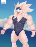  anthro anthrofied bada-butterfly big_muscles bulge clothed clothing feline hi_res male mammal muscular muscular_male nintendo open_mouth outside penis_outline pok&eacute;mon pok&eacute;mon_(species) solgaleo tongue tongue_out topless video_games 