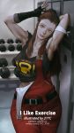  21yc_(september_breeze) adjusting_hair armpits arms_behind_head brigitte_(overwatch) brown_eyes brown_hair clothes_writing collarbone commentary_request dumbbell fingerless_gloves gloves highres locker looking_at_viewer overalls overwatch shiny shiny_skin sleeveless solo toned torn_clothes torn_sleeves 