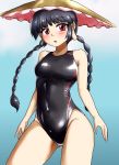  ajirogasa black_hair black_swimsuit blush braid breasts competition_swimsuit d-m_(dii_emu) earlobes hat highres jizou long_hair looking_at_viewer one-piece_swimsuit open_mouth red_eyes small_breasts solo swimsuit touhou twin_braids yatadera_narumi 