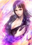  bangs black_hair blue_eyes blunt_bangs breasts closed_mouth collared_dress commentary_request dress floating_hair kageco light_smile lips long_sleeves looking_at_viewer medium_breasts medium_hair nico_robin one_piece solo upper_body wing_collar 