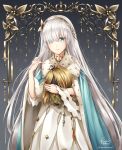  anastasia_(fate/grand_order) artist_name bambi_nano bangs blue_cape blue_eyes cape dress eyes_visible_through_hair fate/grand_order fate_(series) floating_hair fur_trim gradient gradient_background grey_background hair_over_one_eye hairband hand_in_hair highres holding_head long_dress long_hair silver_hair solo standing very_long_hair white_dress yellow_hairband 