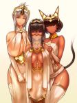  animal_ears bangs bare_shoulders bastet blue_eyes blush breasts bridal_gauntlets brown_hair cat_ears cleavage cleopatra_(historical_person) closed_mouth collarbone covered_navel dark_skin egyptian_mythology elbow_gloves gloves horn hoshara jewelry large_breasts lips long_hair looking_at_viewer monster_girl multiple_girls oni original parted_lips pelvic_curtain pointy_ears purple_eyes sidelocks simple_background smile thighhighs tiara v_arms veil white_gloves white_legwear 