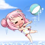  :d =_= ball bare_arms bare_legs bare_shoulders barefoot beachball blue_sky blush bow chibi closed_eyes cloud comic_girls commentary_request covered_navel day double_bun fang frilled_swimsuit frills full_body hair_ornament hairclip moeta_kaoruko one-piece_swimsuit open_mouth outdoors pink_hair red_bow shachoo. shallow_water side_bun sky sleeveless smile solo standing standing_on_one_leg swimsuit translated wading water white_swimsuit x_hair_ornament 