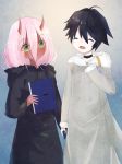  1girl absurdres bangs black_cloak black_hair book candy child cloak closed_eyes coat commentary couple darling_in_the_franxx eyebrows_visible_through_hair eyes_visible_through_hair food fur_coat fur_trim green_eyes grey_coat hand_in_another's_pocket hand_on_another's_arm hetero highres hiro_(darling_in_the_franxx) holding holding_book holding_candy hood hooded_cloak horns long_coat long_hair long_sleeves looking_at_another mamama020302 oni_horns parka pink_hair red_horns red_pupils red_sclera red_skin sleeves_past_wrists winter_clothes winter_coat zero_two_(darling_in_the_franxx) 