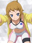  armpits bike_shorts blue_eyes breasts brown_hair cleavage cowboy_shot grey_background gundam gundam_build_fighters gundam_build_fighters_try haruyama_kazunori hoshino_fumina jacket looking_at_viewer medium_breasts navel short_hair smile solo sports_bra yellow_jacket 