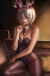  absurdres animal_ears bare_shoulders battle_bunny_riven blue_eyes breast_squeeze breasts bunny_ears bunnysuit cleavage couch detached_collar embers highres hoo_bamon large_breasts league_of_legends paid_reward pantyhose patreon_reward realistic revision short_hair solo thumb_to_mouth white_hair 