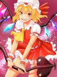  bad_id bad_pixiv_id blonde_hair bracelet commentary_request dress fang flandre_scarlet highres holding holding_staff jewelry kuroton laevatein looking_at_viewer puffy_short_sleeves puffy_sleeves red_dress red_eyes short_hair short_sleeves smile staff touhou white_dress wings 