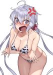  @_@ anger_vein angry animal_print bikini breasts cleavage commentary_request cow_print cowboy_shot large_breasts leaning_forward long_hair looking_at_viewer low_twintails open_mouth purple_eyes purple_hair senki_zesshou_symphogear simple_background solo swimsuit thigh_gap tsukamoto_kensuke twintails very_long_hair white_background white_bikini yukine_chris 