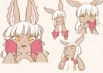  ambiguous_gender cub erect_ears finger_in_mouth flat_chested hair hollow_(species) lagomorph made_in_abyss mammal nanachi petting rabbit shaking simple_background white_hair yellow_eyes young 
