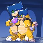  2018 3_fingers 3_toes anthro blue_hair claws digital_drawing_(artwork) digital_media_(artwork) duo eyewear featureless_crotch glasses goo_transformation hair hi_res human hypnosis koopa koopaling ludwig_von_koopa male mammal mario_bros mind_control nintendo nude open_mouth rubber scalie shiny simple_background smile soul-silver-dragon spiked_cuffs spikes spiral spiral_eyes standing toe_claws toes transformation video_games wrist_cuff 