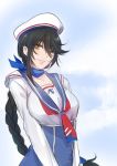  black_hair blue_sailor_collar braid day hat long_hair looking_at_viewer neckerchief sailor_collar sailor_hat sky smile solo tales_of_(series) tales_of_berseria tusia velvet_crowe yellow_eyes 