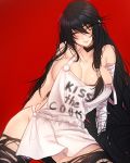  apron bandages black_hair blush breasts choker clothes_writing large_breasts long_hair looking_at_viewer naked_apron no_panties one_eye_closed sideboob smile solo tales_of_(series) tales_of_berseria tusia velvet_crowe yellow_eyes 