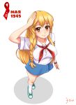  blonde_hair braid collarbone commentary dated english_commentary from_above full_body hair_ornament hairclip hammer_and_sickle highres huyase long_hair looking_up orange_eyes original salute single_braid smile solo white_background 