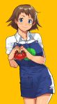  absurdres apron blue_eyes blush brown_hair ear_piercing employee_uniform gundam gundam_build_divers heart-shaped_boob_challenge highres jpeg_artifacts nanase_nanami_(gundam_build_divers) parody piercing short_hair tomato uka_(cessa) uniform 