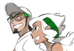  1girl bare_shoulders baseball_cap black_hair burnet_(pokemon) dark_skin dark_skinned_male eyebrows eyelashes from_side grey_eyes half-closed_eyes hat highres husband_and_wife kukui_(pokemon) labcoat long_hair looking_at_another pokemon pokemon_(game) pokemon_sm simple_background sketch smile sugimori_ken sunglasses upper_body white_background white_hair white_hat 