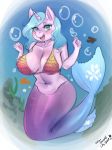  2018 anthro big_breasts blue_eyes blue_hair blush bra breasts bubble cleavage clothed clothing cute english_text equine eyebrows eyelashes fan_character female fin fish fish_tail hair hi_res horn lilly_violet mammal marine merfolk mrscurlystyles my_little_pony navel open_mouth open_smile portrait signature smile solo teeth text tongue underwater underwear unicorn water 